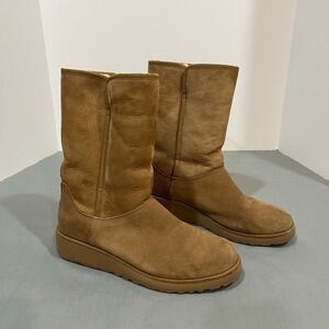 UGG Amie Boots Womens 9 Chestnut Brown Suede Sheepskin Wedge Mid Calf 1013428